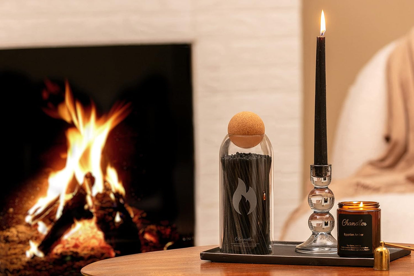 Fireplace - Candle Matches | Apothecary Decorative Glass Bottle - Approx. 200 Long Matchsticks in Jar (All Black)