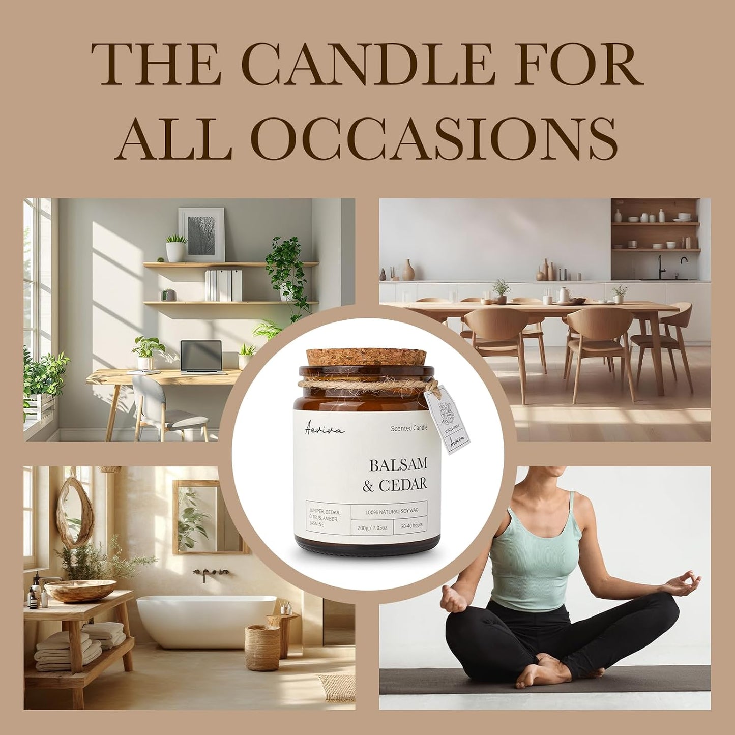 Scented Candle, 7.05 oz Balsam Cedar Aromatherapy Candle, Natural Soy Wax with Wooden Wick, Candles for Home Scented, Stress Relief Amber Jar Candle Gifts