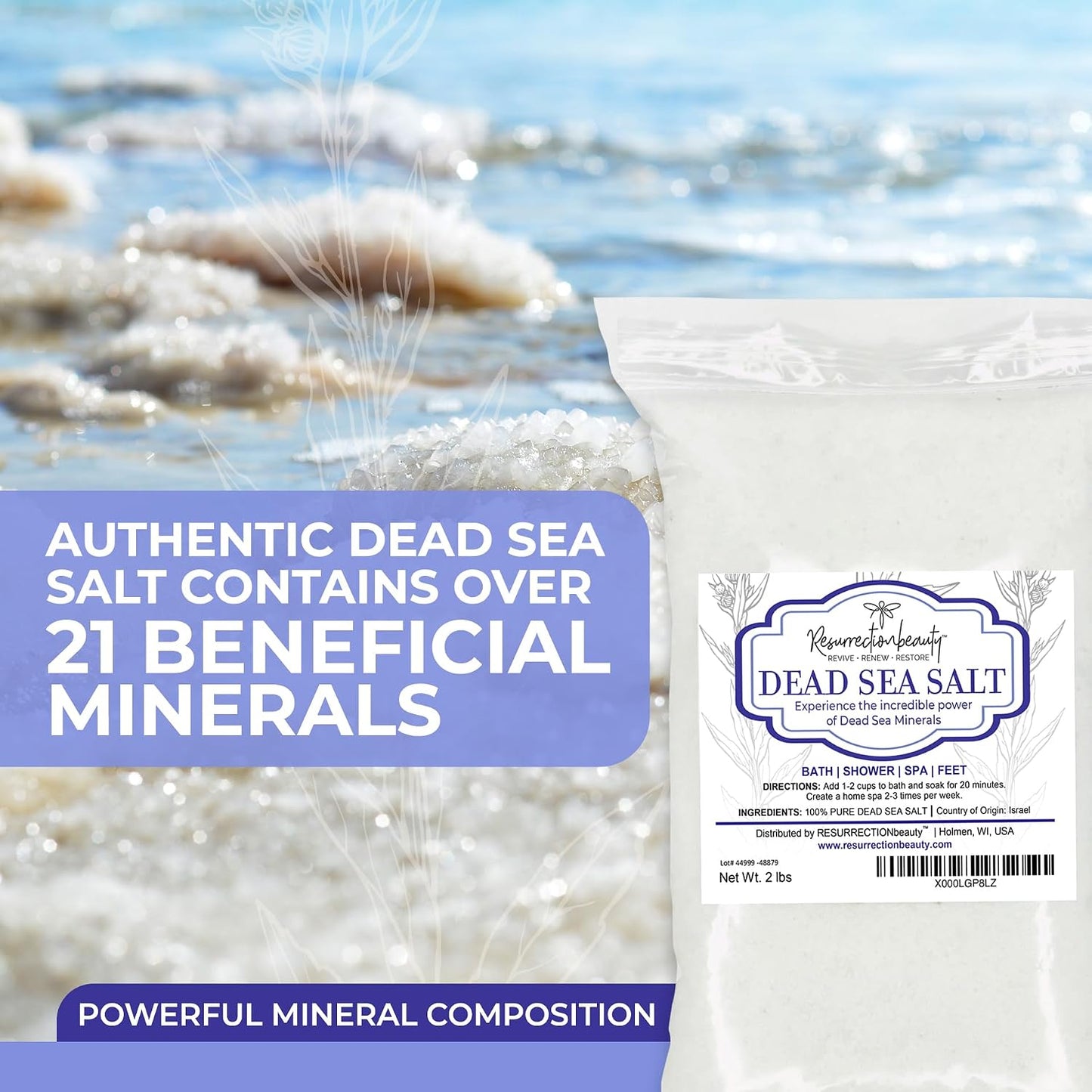 RESURRECTIONbeauty 100% Pure Dead Sea Salt, Bulk Bath Salts for Home Spa & Salt Scrub, Bath & Foot Soak, 2 lb