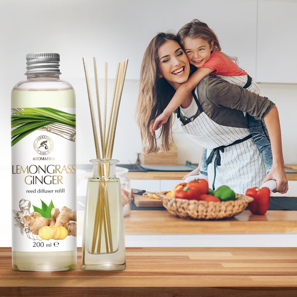 Reed Diffuser Refill Lemongrass-Ginger 6.8Fl Oz - Aroma Diffuser Refill with Essential Ginger Oil - Fragrance Diffuser - Spicy and Fresh Fragrance - Natural Fragrance - Aromatherapy - Air Freshener