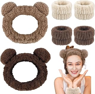Atoden Bear Ears Spa Wristband Set - Cute Animal Skincare Headband for Washing Face - Fluffy Elastic Face Wash Hair Band for Women & Girls - Trendy Brown