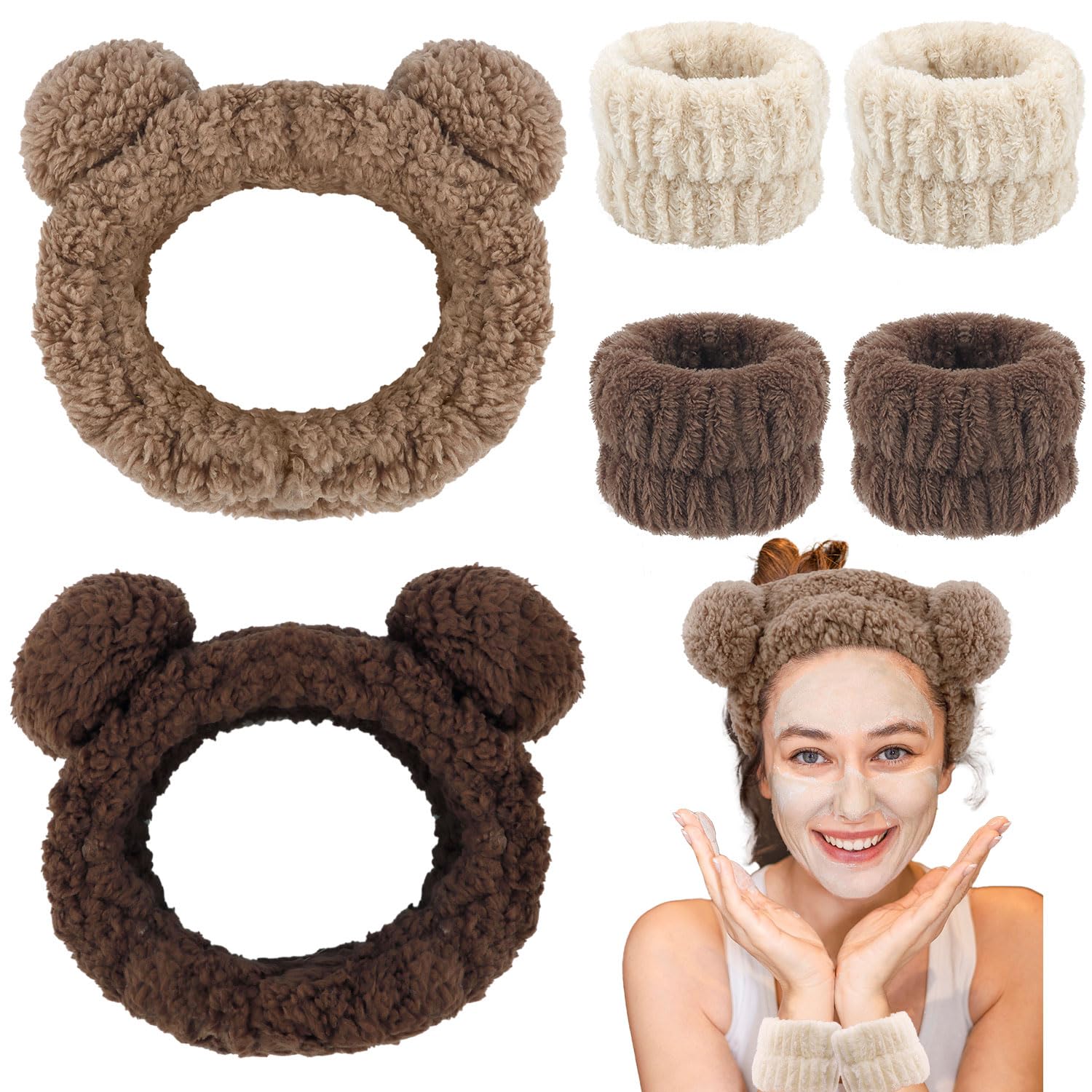 Atoden Bear Ears Spa Wristband Set - Cute Animal Skincare Headband for Washing Face - Fluffy Elastic Face Wash Hair Band for Women & Girls - Trendy Brown