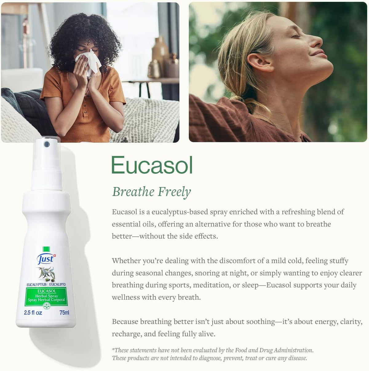 Swiss Just - Eucasol Spray - 75 ml - Enriched with Eucalyptus Essential Oil