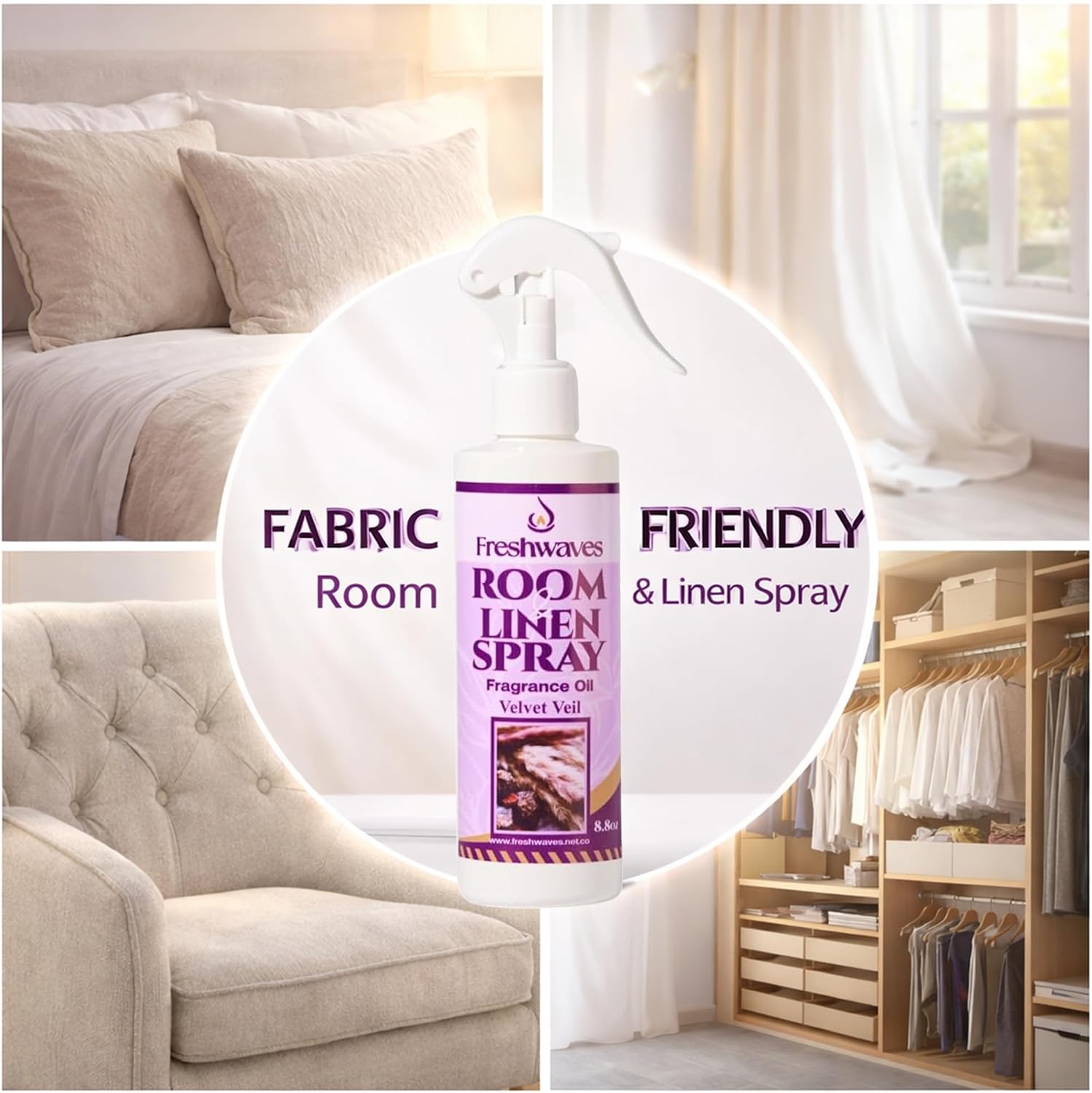 Freshwaves Room and Linen Spray | Velvet Veil Scent | Fragrance Oil | 8.8 Ounce | Air Spray Freshener | Room Spray Odor Eliminator | Air Freshener Sprays for Living Room | Bedroom | Restroom | Office