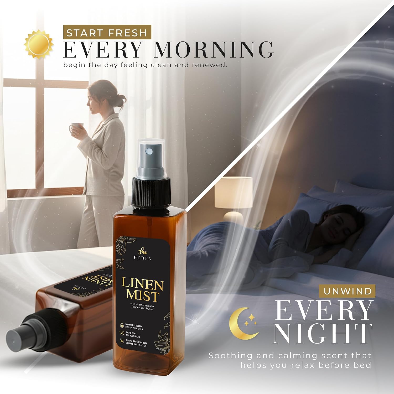 Room and Linen Spray - 250ml Long Lasting Fabric Refresher Spray for Bedding, Laundry, Pillow, Sheets and Curtains with Odor Eliminator Formula - Room Freshener Spray for Hotel & Home by Perfa