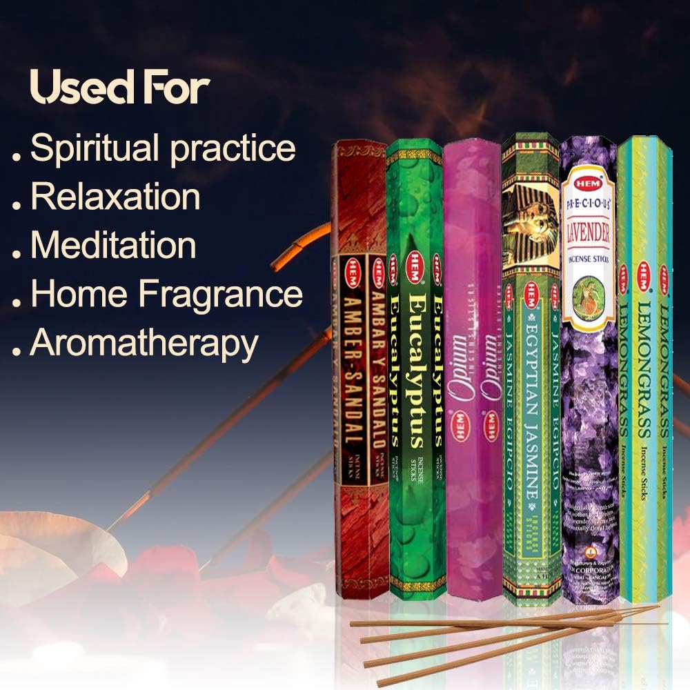 HEM assorted best sellers incense sticks pack of 6 - 120 Sticks, Fragrance - Lemongrass, Lavender, Egyptian Jasmine, Ambar Sandalo, Opium, Eucalyptus