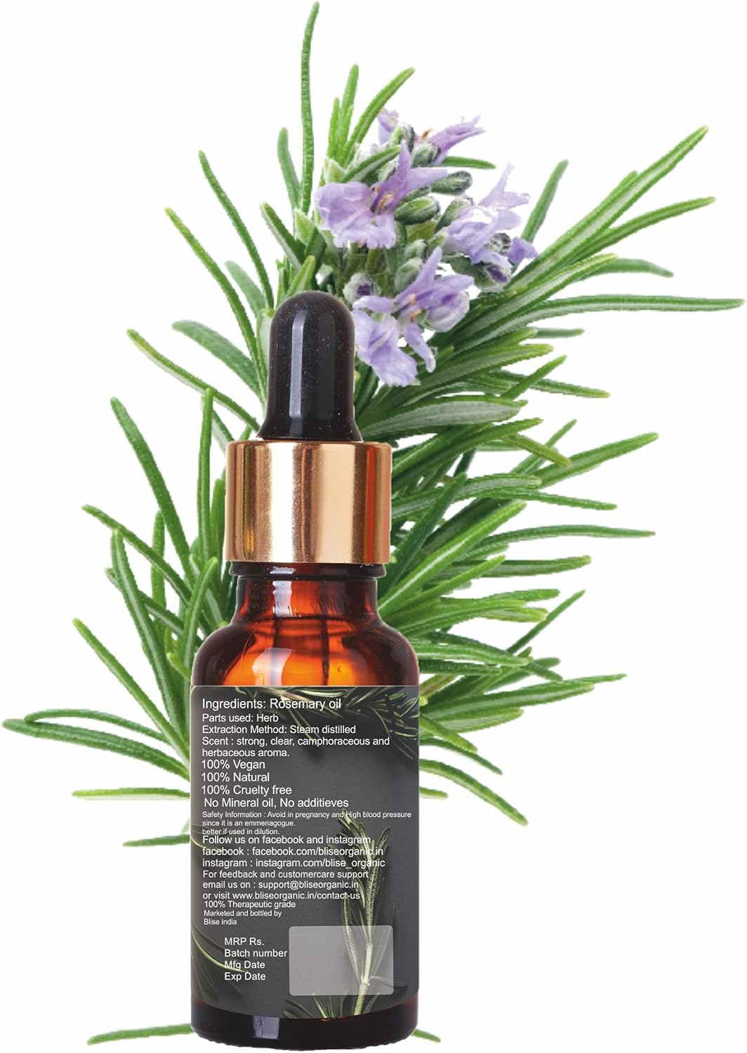 Blise organic Rosemary Essential Oil -100% Pure and Naturals for Hair Fall Control and Hair Growth, Undiluted, Natural Aromatherapy for Diffuser, Therapeutic Grade 15 mL (0.5 oz), Non GMO