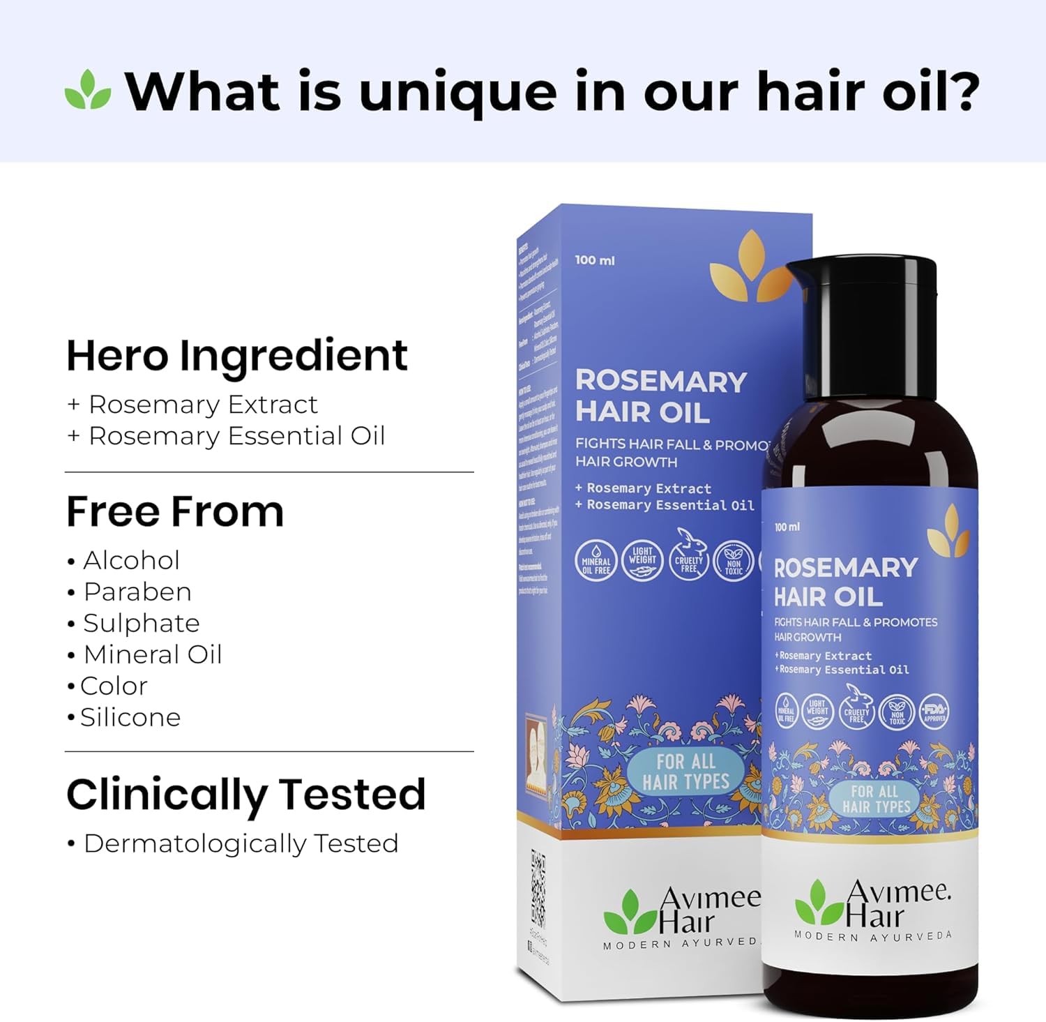Avimee Herbal Rosemary Hair Oil | For Hair Growth, Hair Fall Control and Dandruff | 100% Pure & Natural | Mineral Oil Free | 100mL