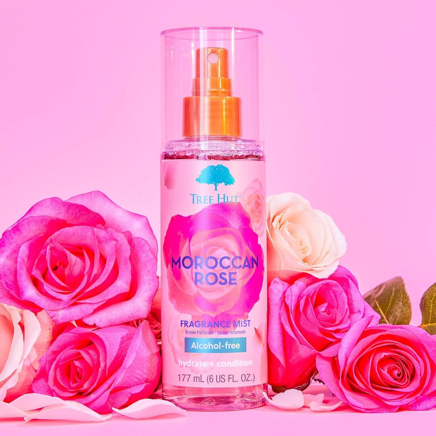 Tree Hut Moroccan Rose Hair & Body Mist, Hydrating & Alcohol-Free Body Spray, Fragrance with Bergamot, Tea Rose & Amber Notes, Alcohol-Free Formula, 6 Fl Oz.