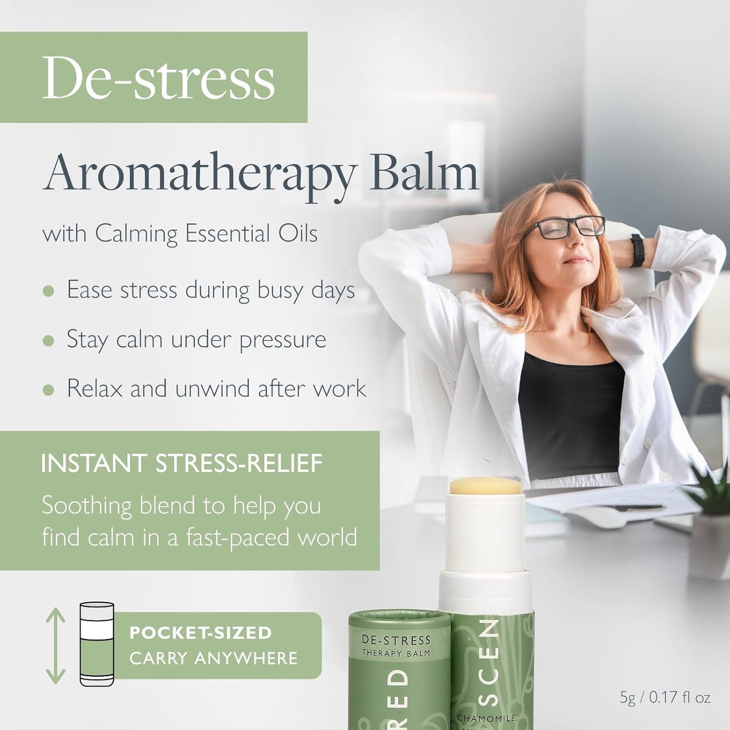 Scentered Aromatherapy Stress Relief Balm Stick - De Stress Essential Oil Roll On Calm Carry for Relaxation - Natural Stress Reliever - Chamomile, Cedarwood, Rosemary - Destress Gifts for Women