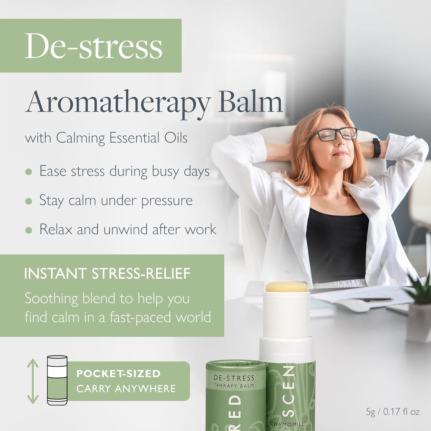 Scentered Aromatherapy Stress Relief Balm Stick - De Stress Essential Oil Roll On Calm Carry for Relaxation - Natural Stress Reliever - Chamomile, Cedarwood, Rosemary - Destress Gifts for Women