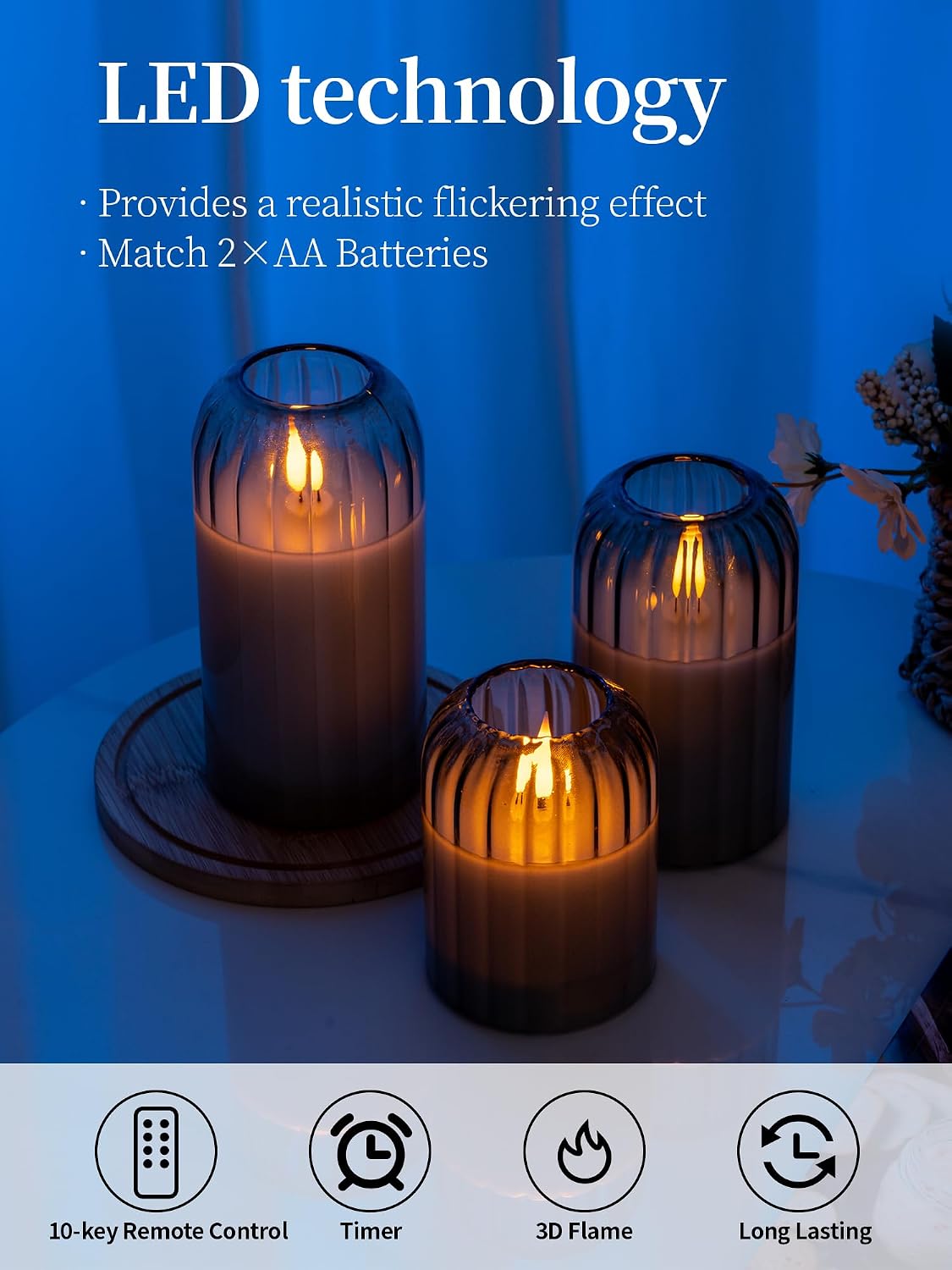 Glass Ribbed Flameless Candles - Battery Candles with Remote Timer, Green Glass LED Candles with Pumpkin Shape, Warm Light, Lasting 350 Hrs and Brightness Adjustment, Φ 3" H 4" 5" 6", Set of 3