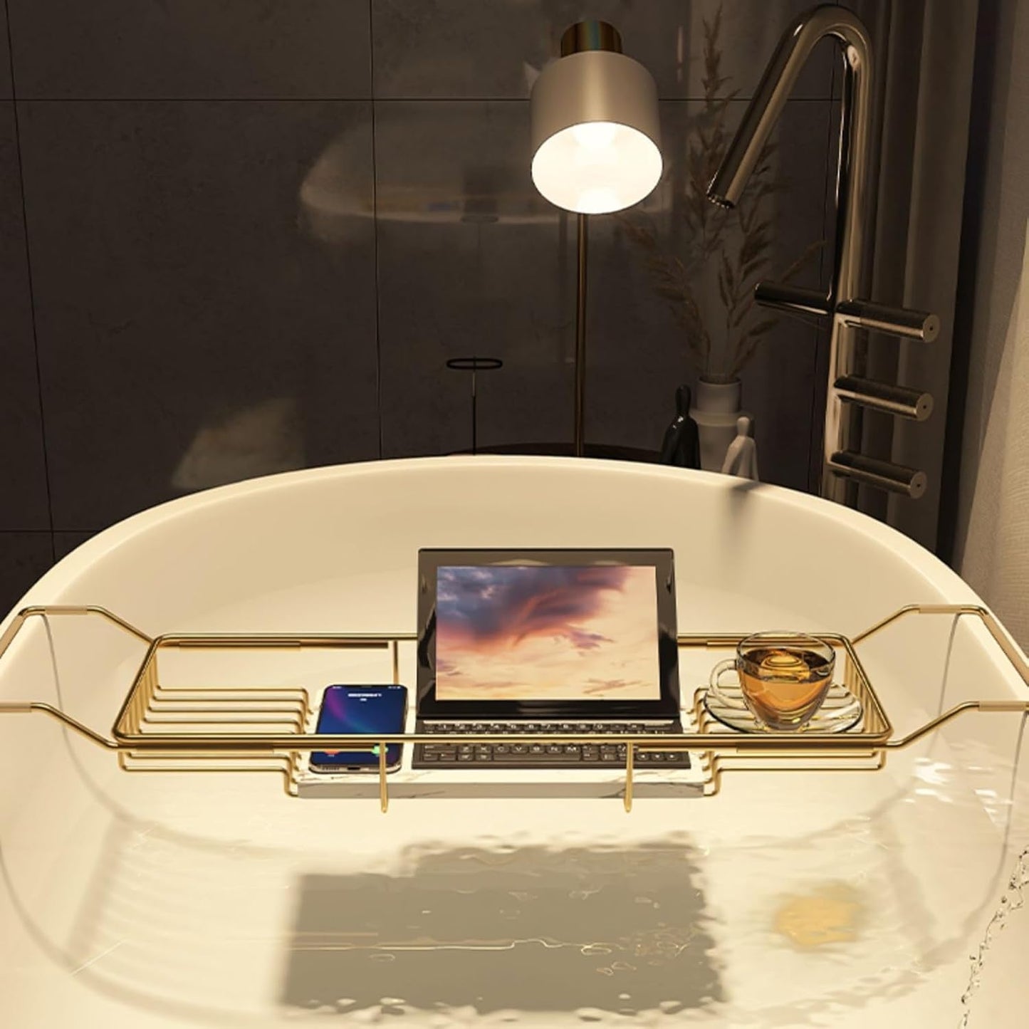 Expandable Bathtub Tray Caddy with Natural Marble Board & Stainless Steel Frame - Versatile Bathroom Rack for Books Wine Tablets - Fits Most Tubs Perfect for Relaxation-Gold