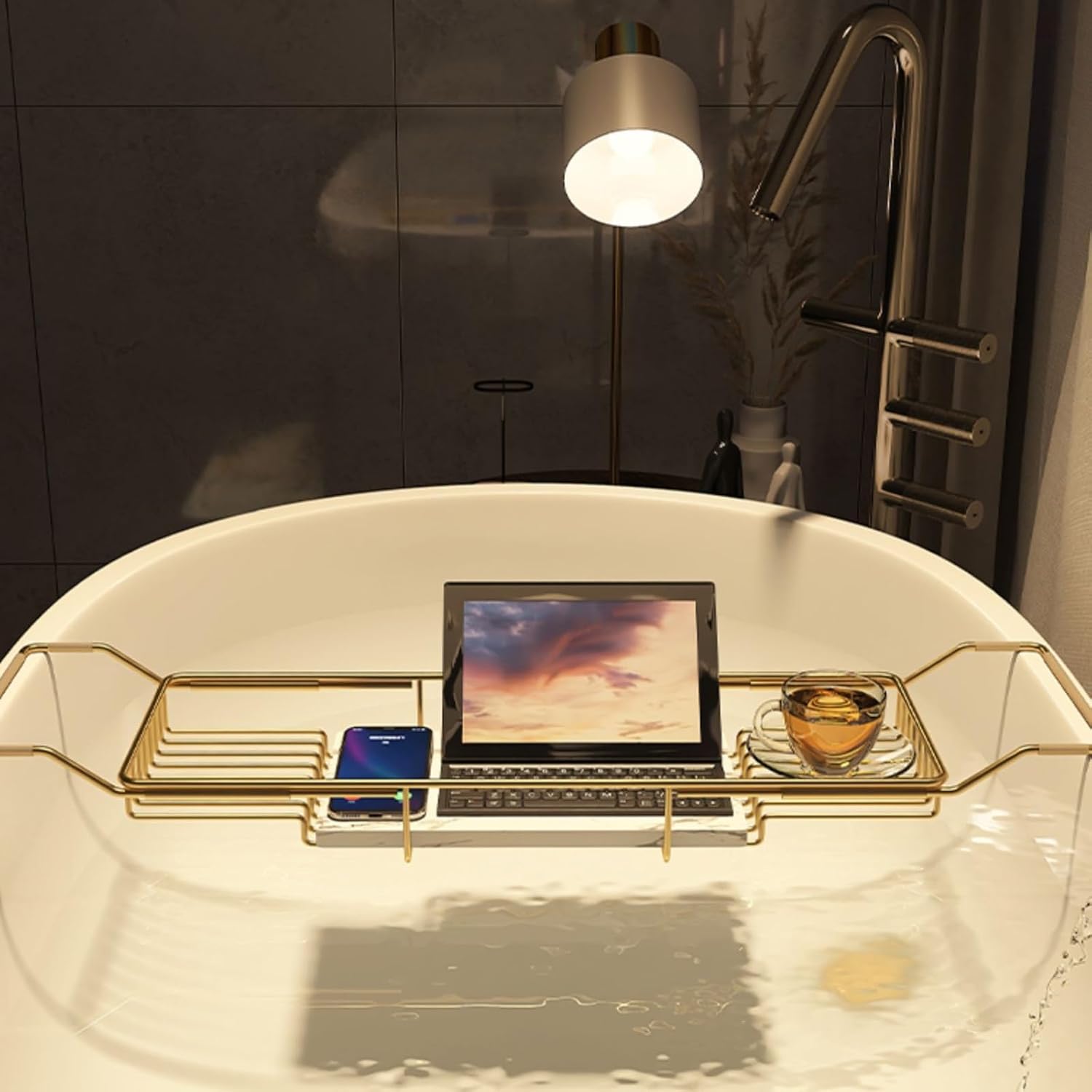 Expandable Bathtub Tray Caddy with Natural Marble Board & Stainless Steel Frame - Versatile Bathroom Rack for Books Wine Tablets - Fits Most Tubs Perfect for Relaxation-Gold