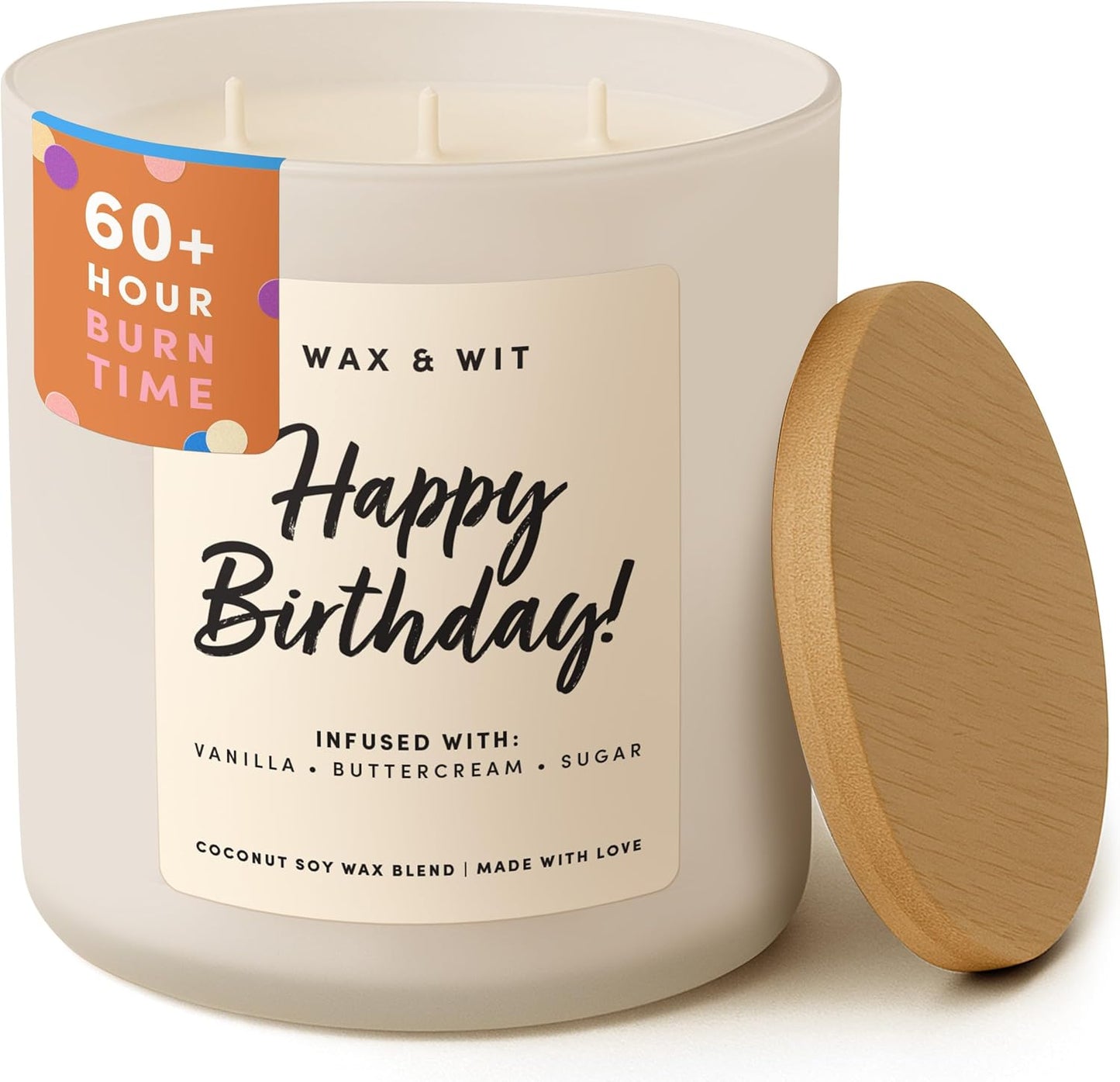Wax & Wit Happy Birthday Candle for Women – Birthday Cake Scented 3-Wick, Vanilla Buttercream, Large 14.5 oz Coconut Soy Wax, 60+ Hour Burn, Unique Gift for Her, Best Friend