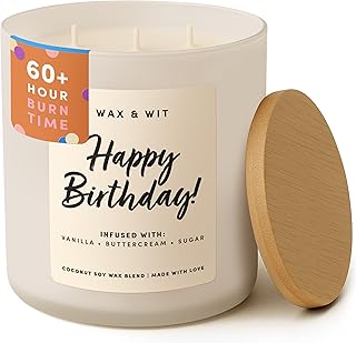 Wax & Wit Happy Birthday Candle for Women – Birthday Cake Scented 3-Wick, Vanilla Buttercream, Large 14.5 oz Coconut Soy Wax, 60+ Hour Burn, Unique Gift for Her, Best Friend