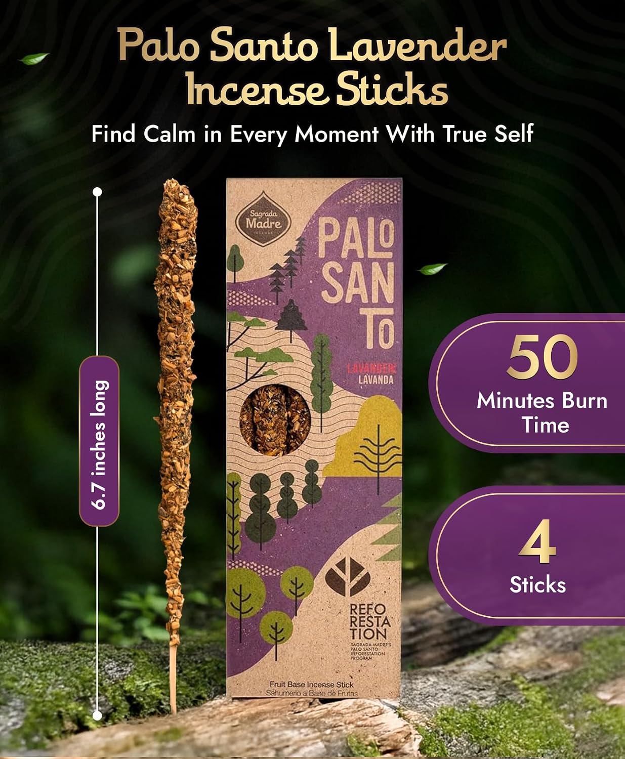 Sagrada Madre 4pcs Wildly Harvested Palo Santo Incense Sticks (Lavender), 6.7” Long - Non-Toxic, Aromatic Incense Sticks (50 min Approx. Burning Time) to Heal & Calm Your Body and Environment