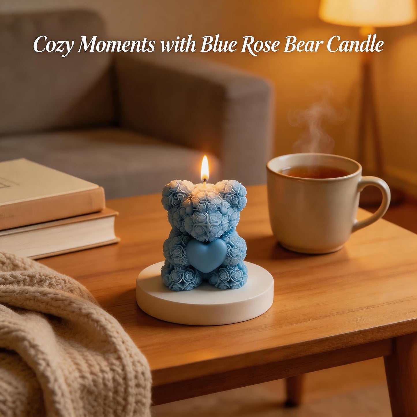 Cute Bear with Heart Scented Candle,60G Teddy Bear Rose Clusters Aesthetic Handmade Soy Wax Aroma Decorative Candle for Table Photo Prop Wedding Birthday Gift,Prefect for Meditation Stress-Blue