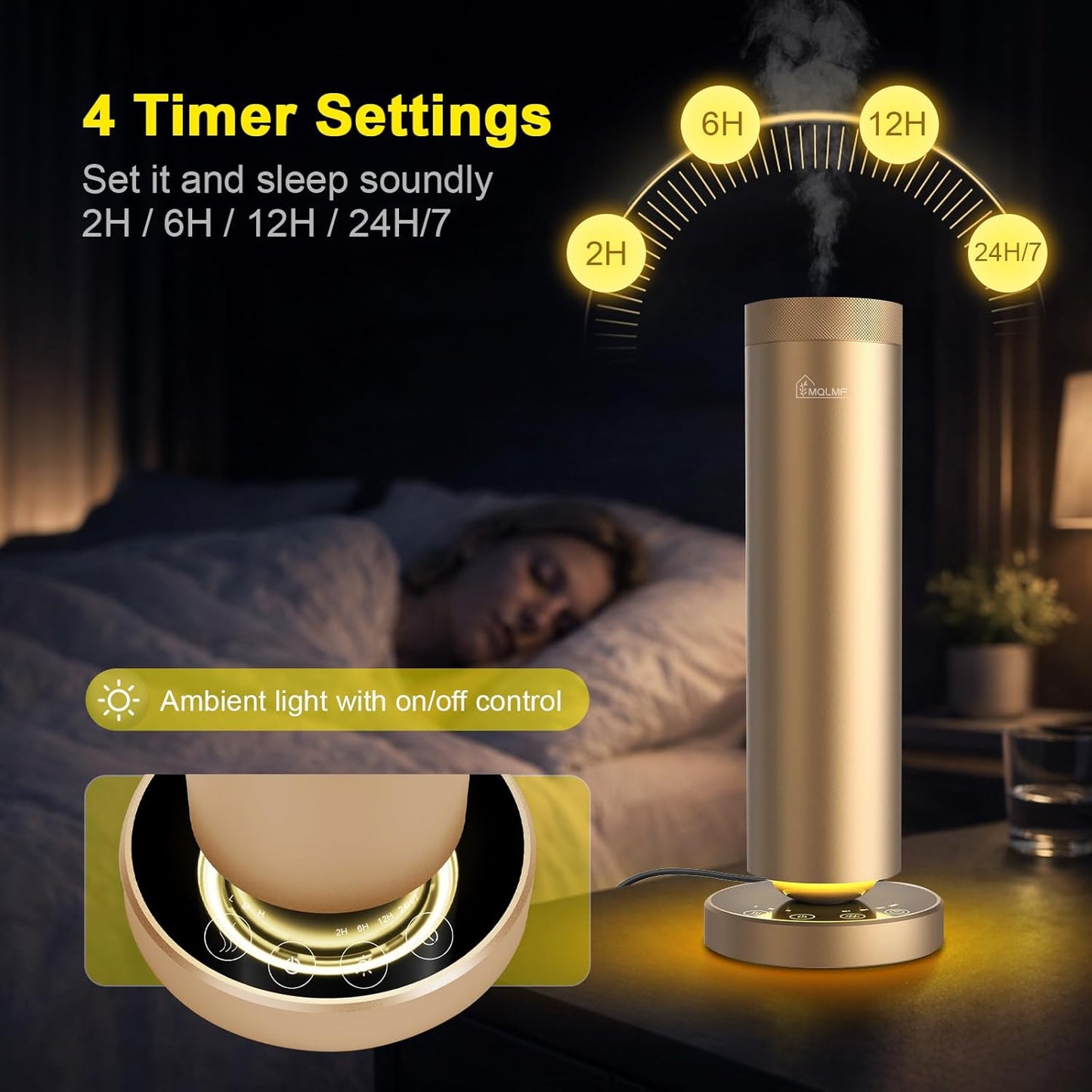 Waterless Diffuser,1500 Sq Ft,Ring Ambient Light,USB Plug-in & Rechargeable,Aluminum,Remote Control&Touch Buttons,Adjustable Fragrance&Timer,Hotel Collection Scent Machine - Gold
