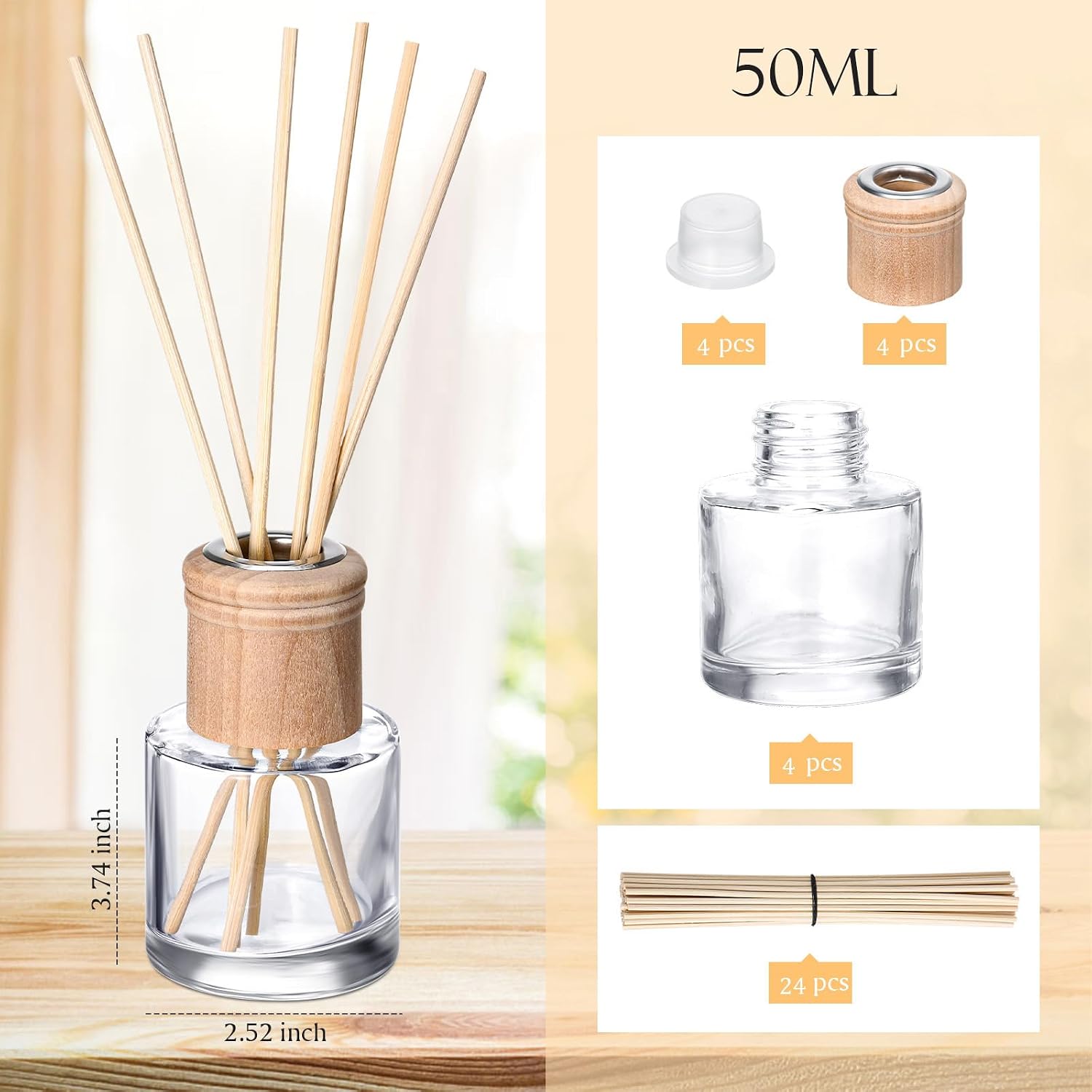 Roshtia 4 Set Reed Diffuser Bottle Empty Refillable Fragrance Glass Diffuser Bottles Set with Wooden Caps Sticks 50ml 1.7 oz Round Glass Jars for DIY Fragrance