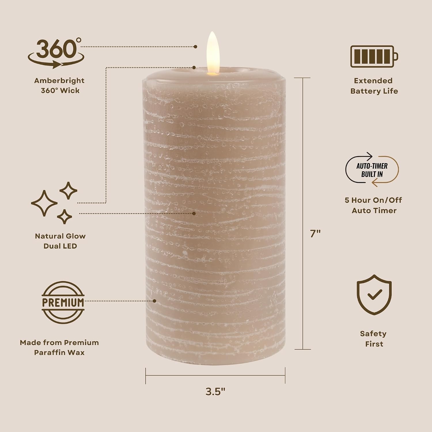 LumiPur Signature Collection Natural Glow Flickering Flameless LED Wax Pillar Candle (3.5" x 7", Mushroom)