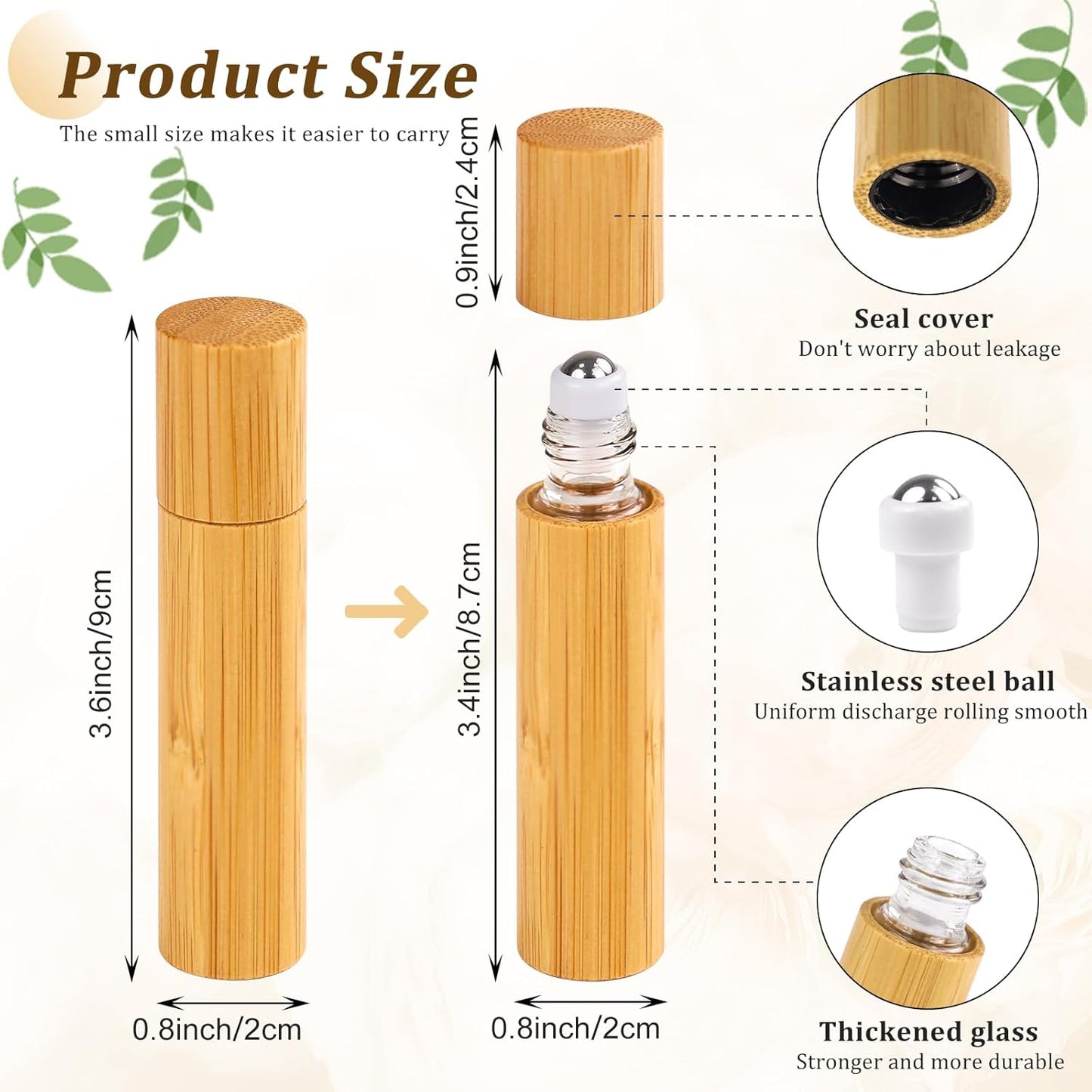 AUHOKY 12Pcs Bamboo Roll on Bottles for Essential Oils, Portable Massage Oil Bottle with Stainless Steel Roller Ball, Reusable Travel Perfumes Sample Lip Gloss Container (1 Opener) (10ML)