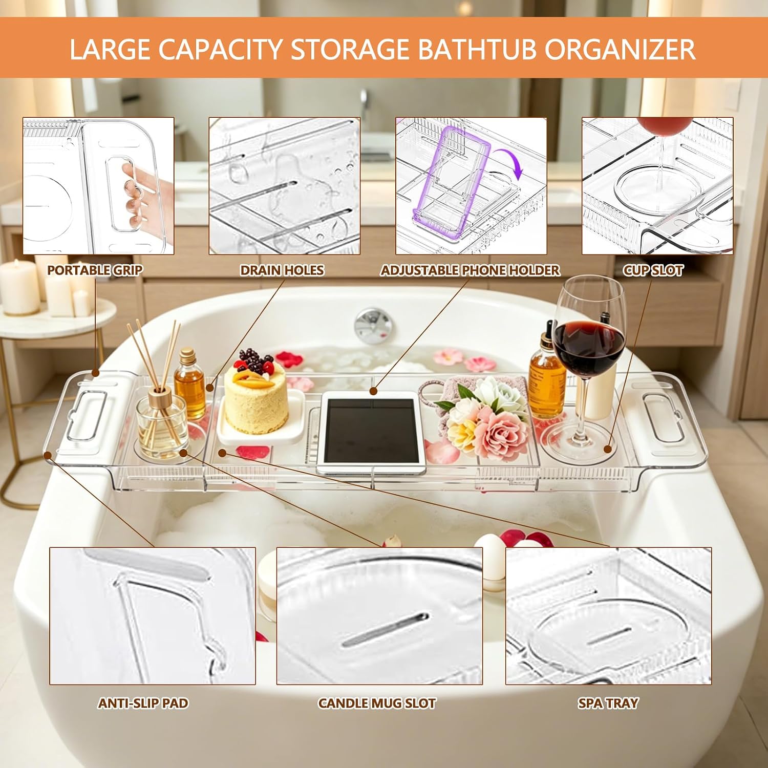 Expandable Bathtub Tray Caddy,Clear Acrylic Bath Tray for Tub,Bath Tub Table Tray with Book&Tablet&Phone Holder,Foldable Bath Shelf Over Tub,Bath Accessories&Bathtub Organizer for Luxury Home Spa