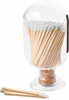 Glass Match Holder with Striker – Includes Fancy Matches in Cloche Jar – Decorative Christmas Gift for Home or Fireplace – White Large