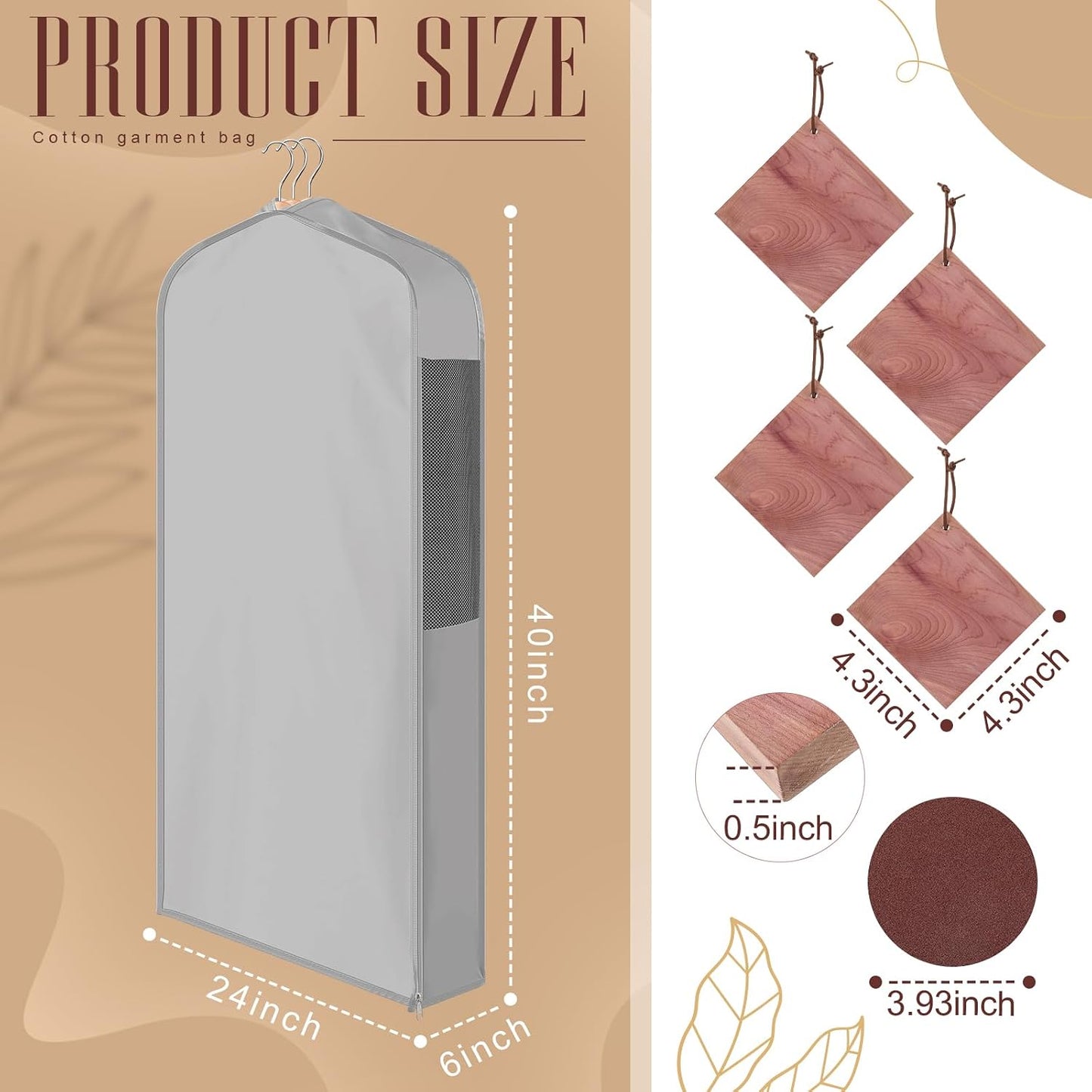 Briwooody 1 Sets 40 x 24 x 6'' Cotton Garment Bags with 4 Cedar Blocks, Moth Protection Bags Breathable for Hanging Clothes Fur Coats, Gowns, Dress, Closet Storage, Clothing Protector (Grey)