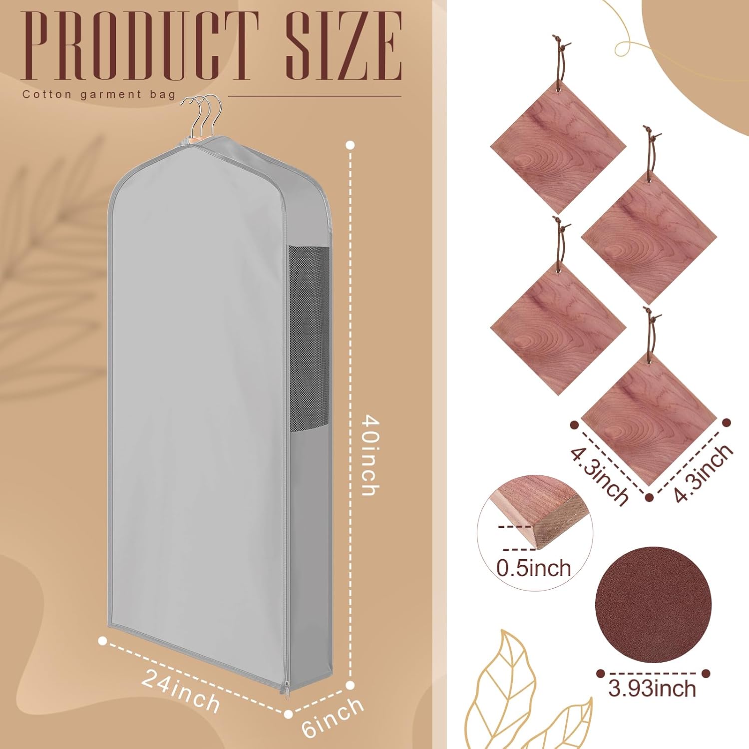 Briwooody 1 Sets 40 x 24 x 6'' Cotton Garment Bags with 4 Cedar Blocks, Moth Protection Bags Breathable for Hanging Clothes Fur Coats, Gowns, Dress, Closet Storage, Clothing Protector (Grey)