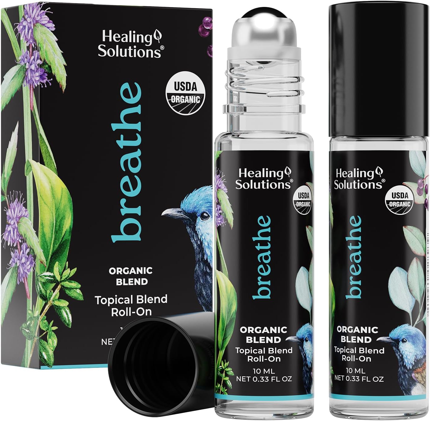 Healing Solutions (2 Pack) Organic Breathe Essential Oil Blend Roll-On Perfume - USDA Certified Aromatherapy Oil Roller for Sinus Ease