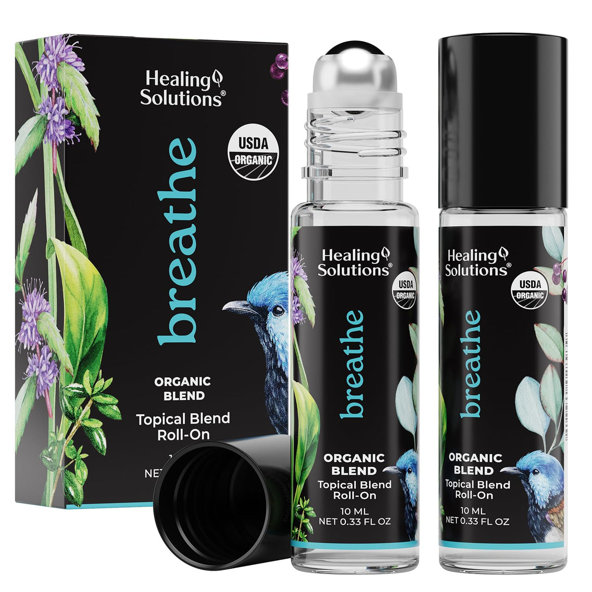 Healing Solutions (2 Pack) Organic Breathe Essential Oil Blend Roll-On Perfume - USDA Certified Aromatherapy Oil Roller for