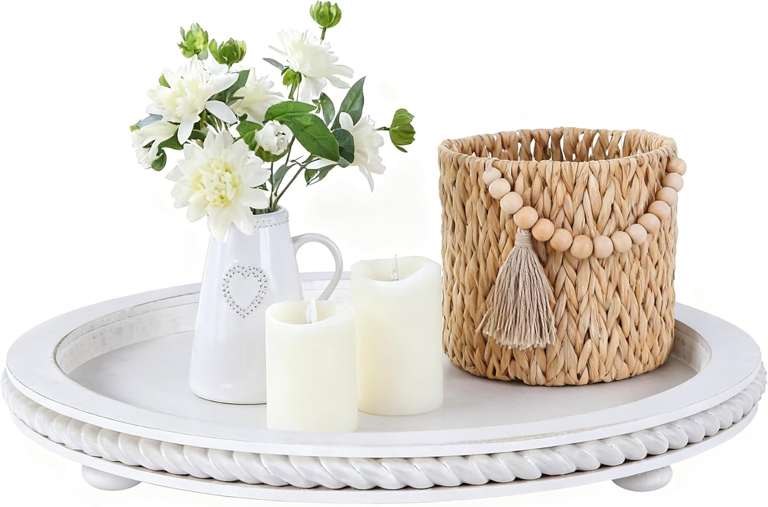Urban Deco Decorative Trays for Home Decor, Round Wooden Trays for Coffee Table, White Stripes Tray for Living Room, Kitchen, Farmhouse Centerpiece Decor (1-Pk)