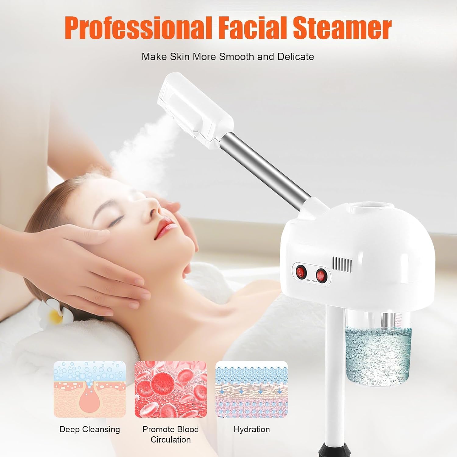 Face Steamer for Facial Deep Cleaning, 107.6°f Warm Ozone Mist Facial Steamer, 750ml Large Capacity, 360° Rotatable Nozzle, Adjustable Height for Home and Salon