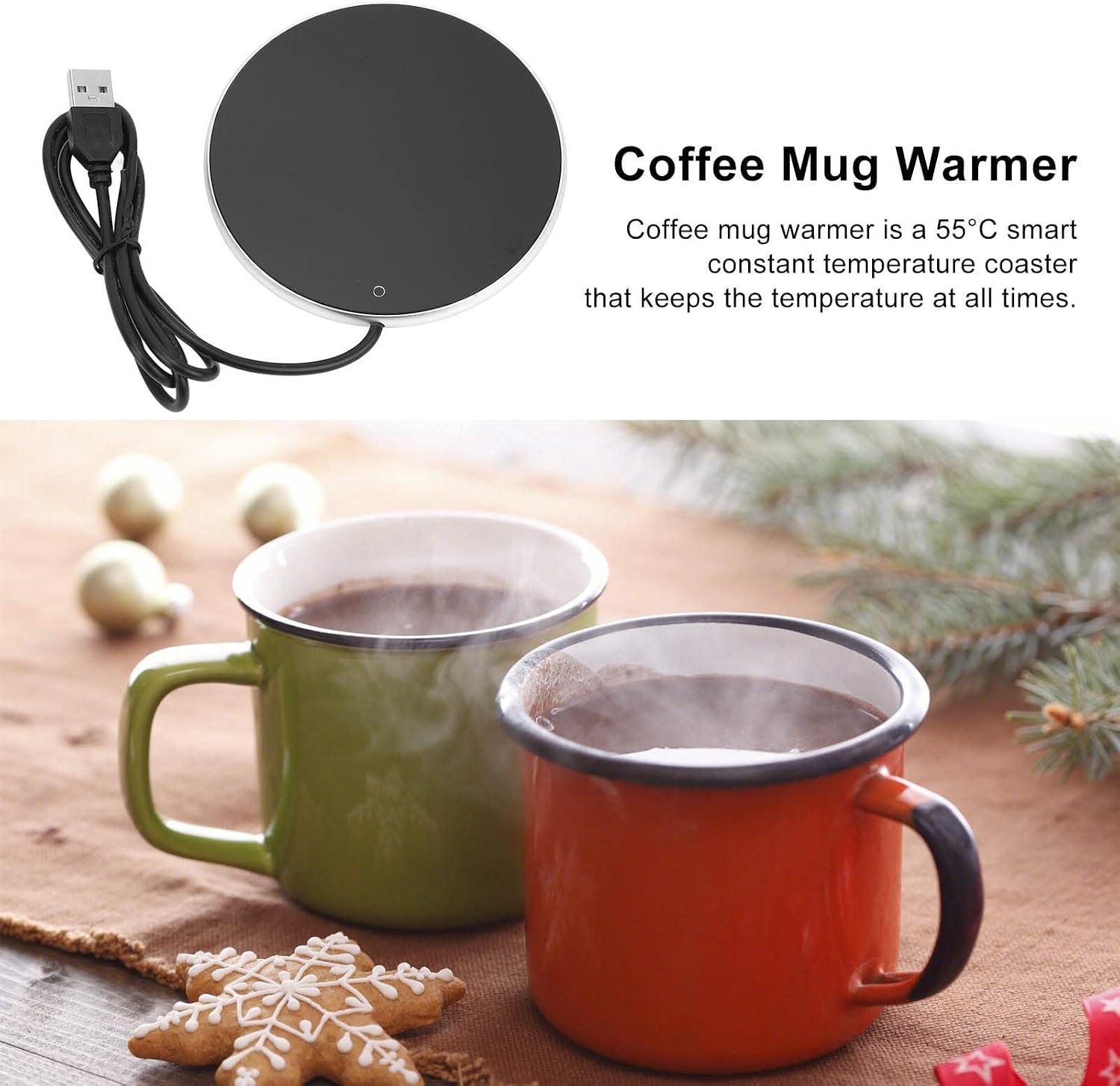 Coffee Mug Warmer for Desk, Smart Coffee Mug Warmer with 3 Temp Settings, USB Powered Electric Beverage Cup Warmer Heating Plate Candle Wax Warmer for Home Kitchen Office (Silver)
