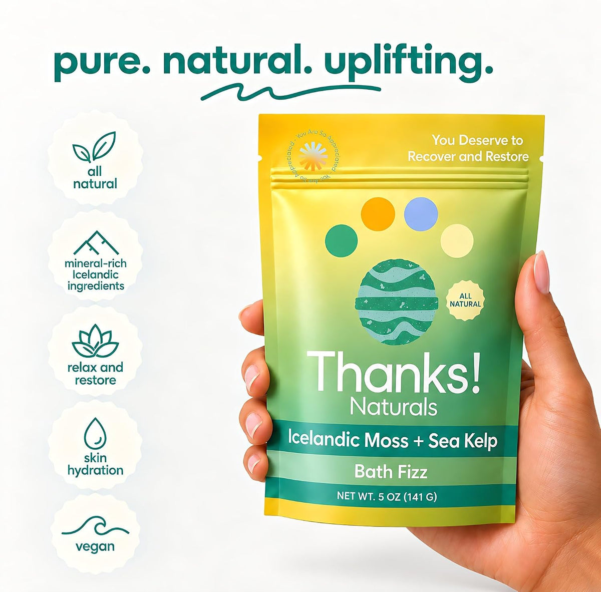 Bath Fizz, Icelandic Moss + Sea Kelp, Vegan &amp; Natural Bath Fizz with Sea Moss, Vitamin E, Shea Butter &amp; Himalayan Pink Salt, Spa at Home, Self Care Essential, Multiple Baths, 4 OZ