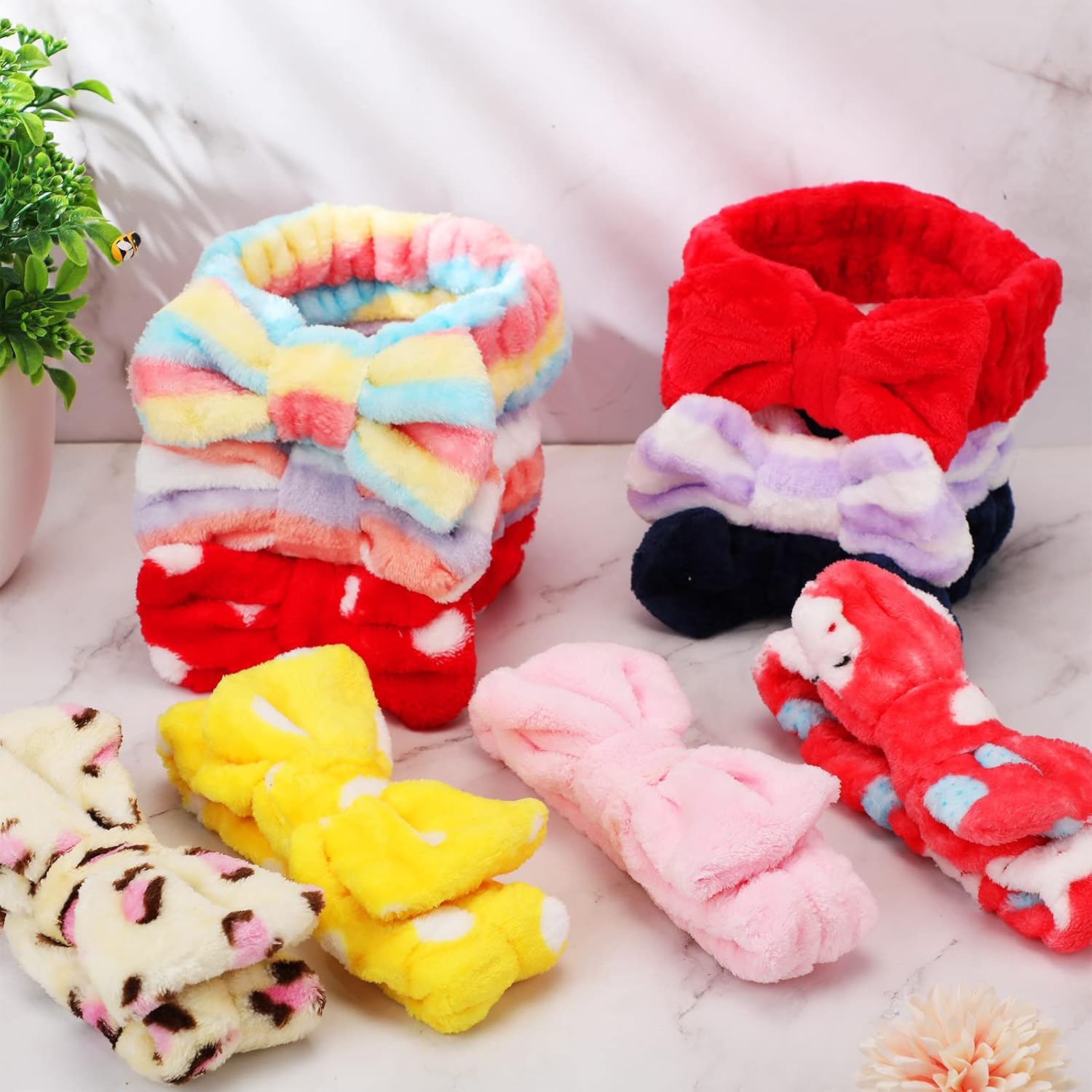 WILLBOND 24 Pieces Spa Headband Bulk Skincare Headbands Face Wash Makeup Hairband Bow Facial Washing Face Head Wraps Adjustable Soft Flannel Towel for Women Shower (Stylish)