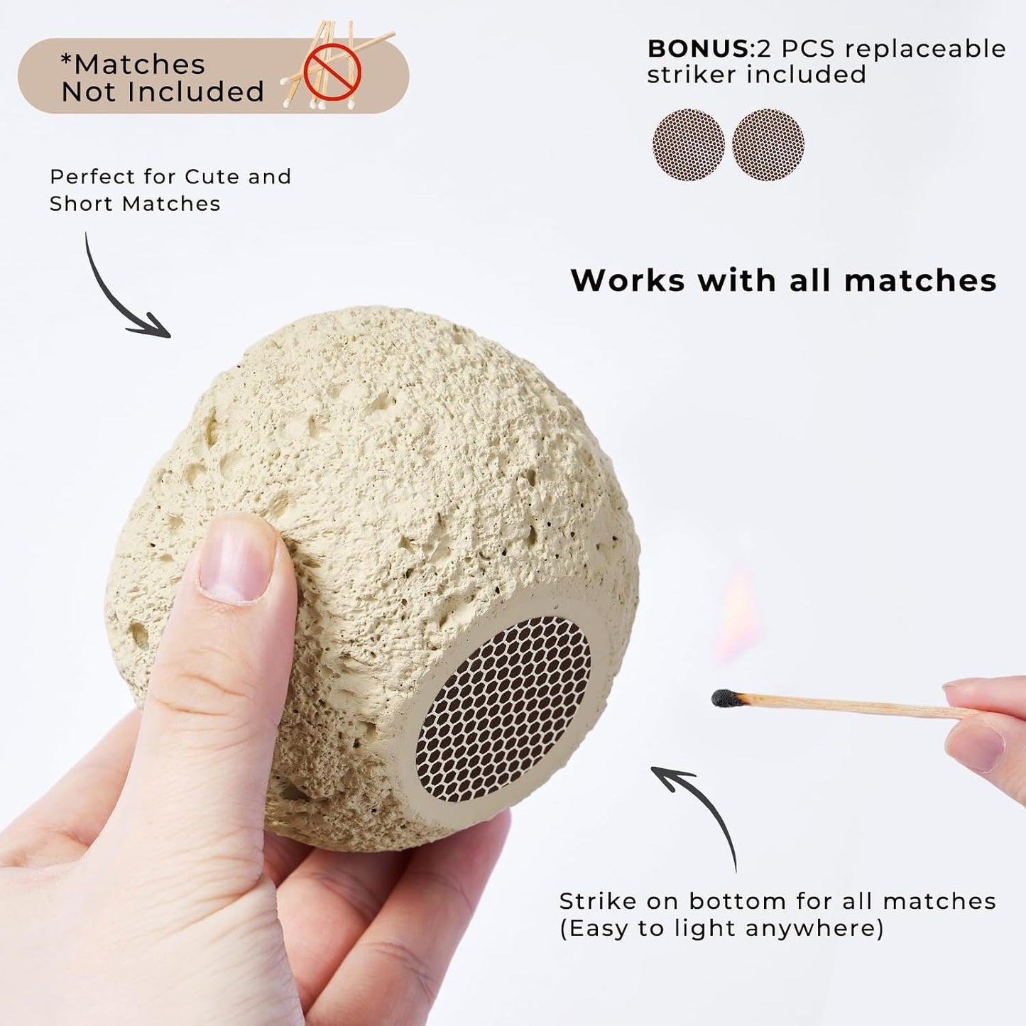 Concrete Match Holder with Striker Modern Sculpted Matchstick Cup for Long Candle Matches Decorative Concrete Match Jar for Fireplace Home Decor - Matches Not Included (Oval)