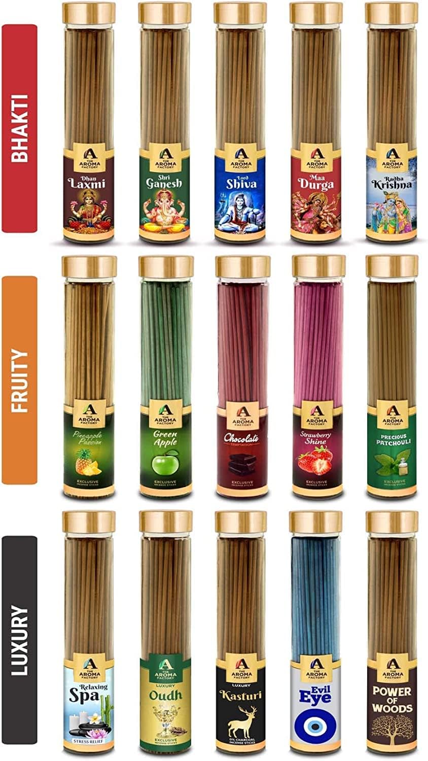 The Aroma Factory Organic Incense Sticks Aromatic Fragrances | Kesar Chandan, Rose, Fresh Active & Lavender | No Charcoal, Scented Incense | Herbal Pooja Agarbatti | 4x100g Jute Bag Gift Set