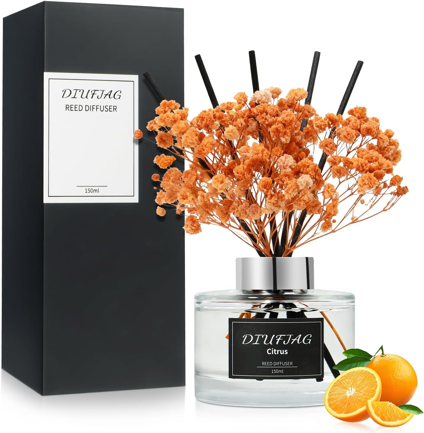 Citrus Reed Diffuser Set, 5.07 fl oz Scented Oil Diffuser with 8 Sticks & Dried Flowers, Home Fragrance for Living Room Bedroom Bathroom, Air Freshener Decor Gift