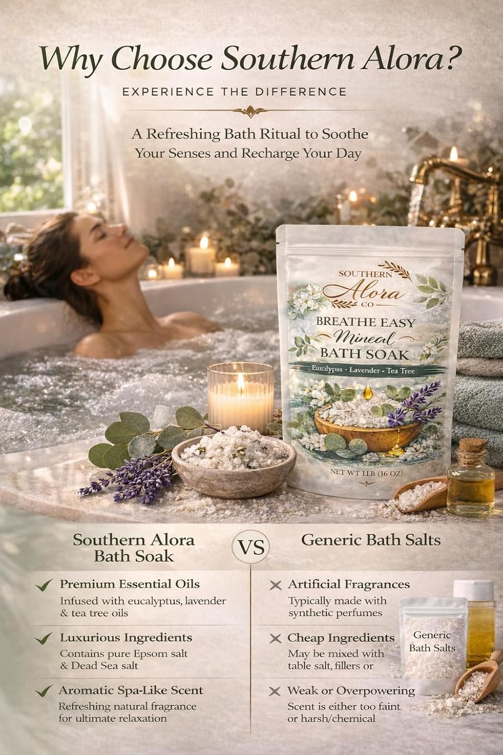 Southern Alora Bath Salts for Women Relaxing – Epsom Salt Bath Soak with Magnesium & Dead Sea Minerals, Aromatherapy Bath Soak for Stress Relief & Muscle Recovery, Breathe Easy Scent