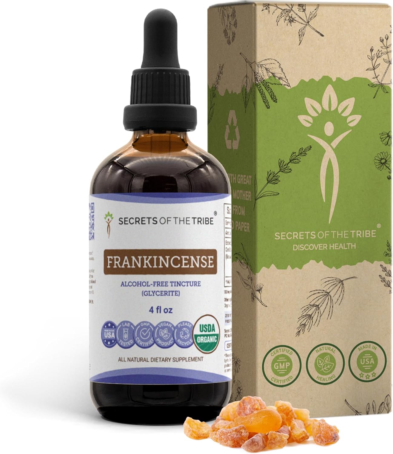 Secrets of the Tribe Frankincense Tincture USDA Organic Alcohol-Free Extract, Frankincense Boswellia Resin Positive Mood/Immune System Health (4 FL OZ)