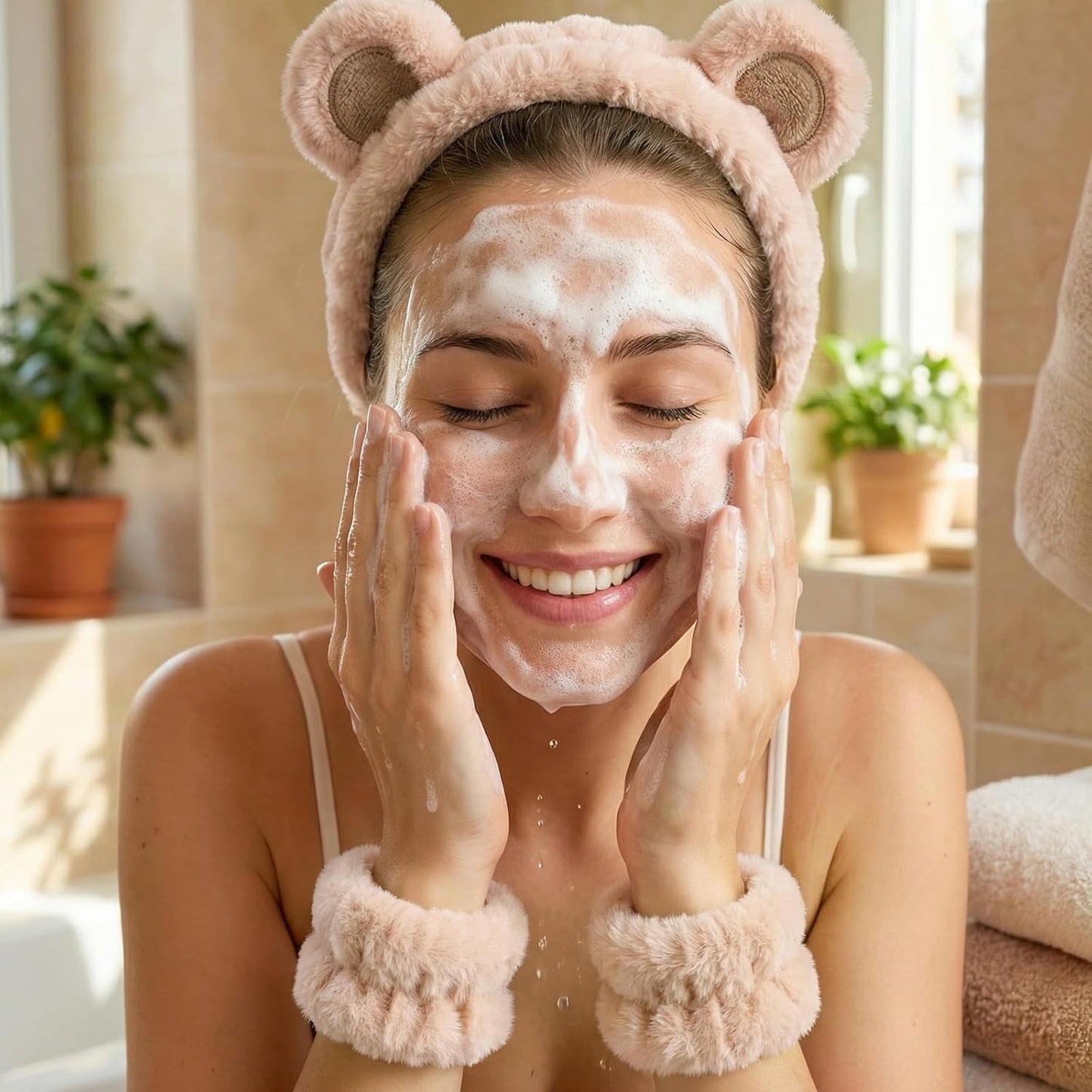 cobee 3 Pcs Bear Ears Face Wash Headband, Skincare Headband And Face Wash Wristbands, Cute Soft Elastic Makeup Headbands Brown For Women's Facial Makeup, Skincare, Spa, And Washing