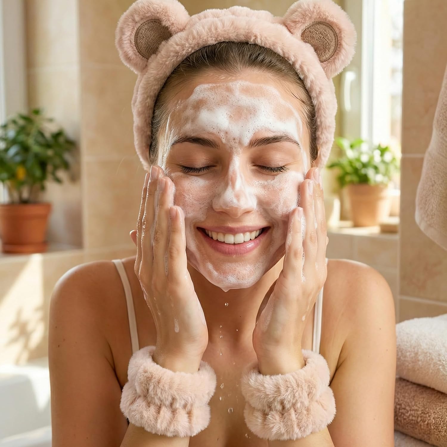 cobee 3 Pcs Bear Ears Face Wash Headband, Skincare Headband And Face Wash Wristbands, Cute Soft Elastic Makeup Headbands Brown For Women's Facial Makeup, Skincare, Spa, And Washing