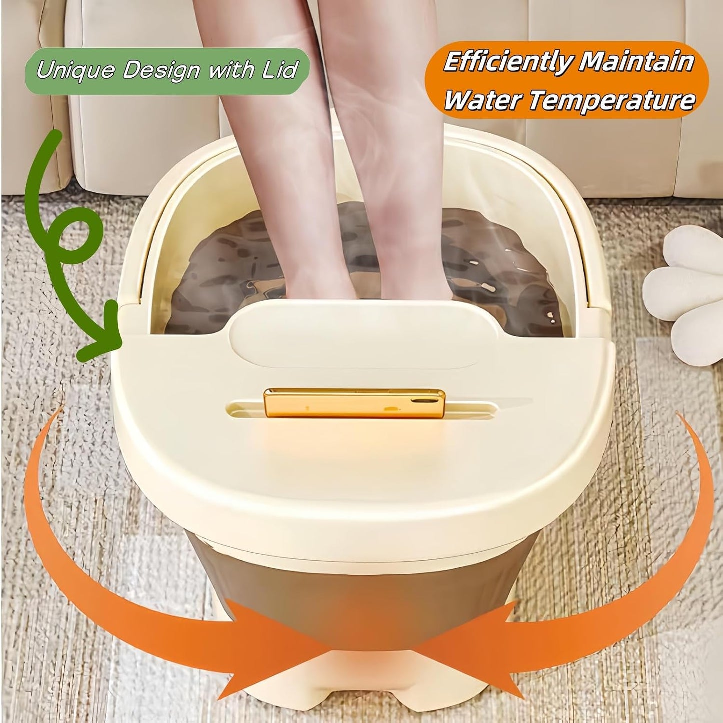 Collapsible Foot Bath Basin for Soaking Feet with a lid,Foot Soak Tub with Massage Acupoint,Multifunction Laundry Basket with Handle, Home Spa Treatment. (Milky White)