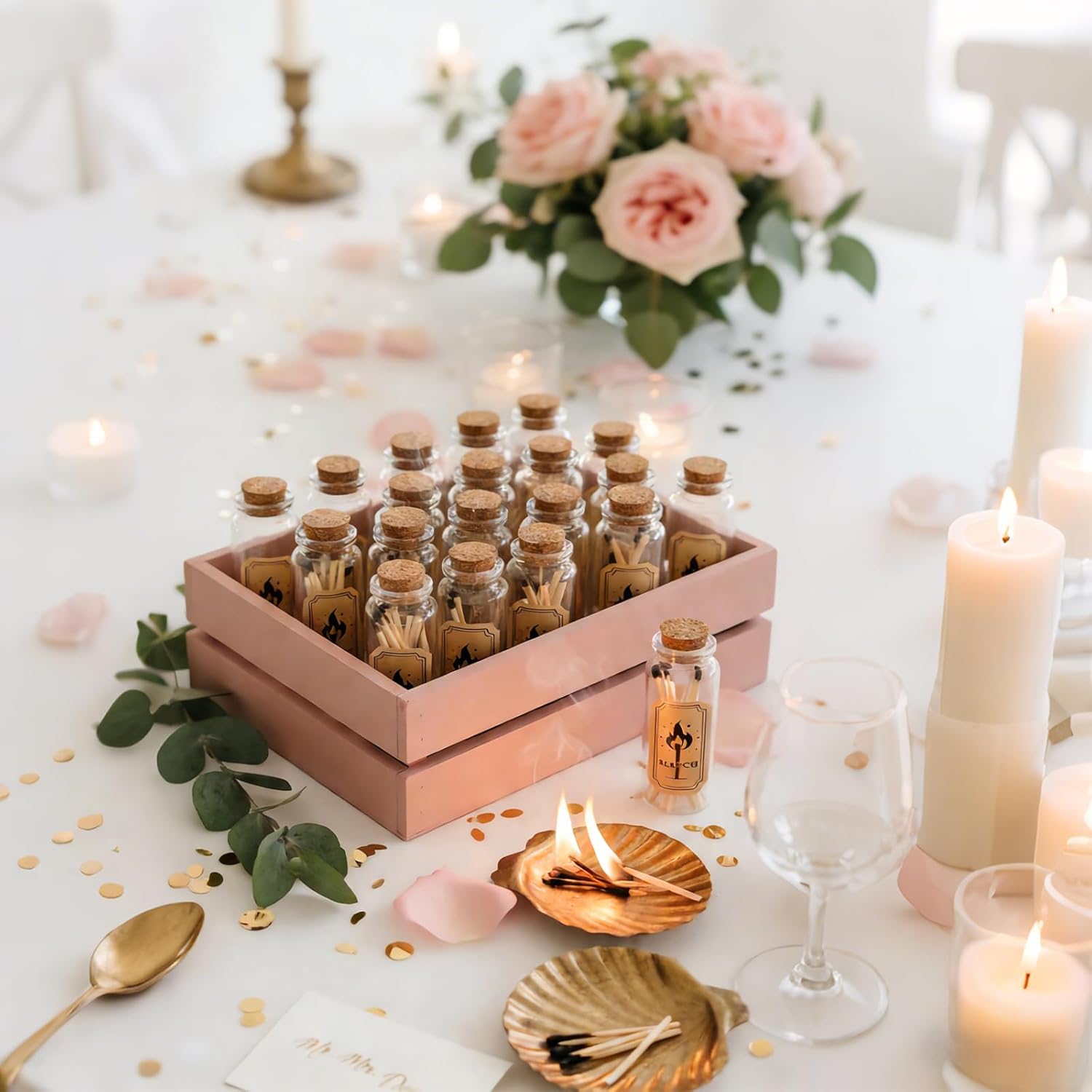24 Set Glass Match Holder with Striker sticker & Cork Top, Clear Decorative Wedding Matches Jars Bulk，Matches in a jar with striker for Weddings Bridal Showers DIY Custom Party Favors Guests Gifts