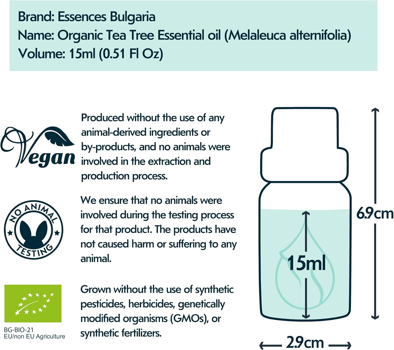 Essences Bulgaria Organic Tea Tree Essential Oil 0.51Fl Oz 15ml Melaleuca Alternifolia - 100% Pure and Natural Undiluted for Toenail Fungus, Dandruff Itchy Scalp Acne Skincare Aromatherapy Diffuser