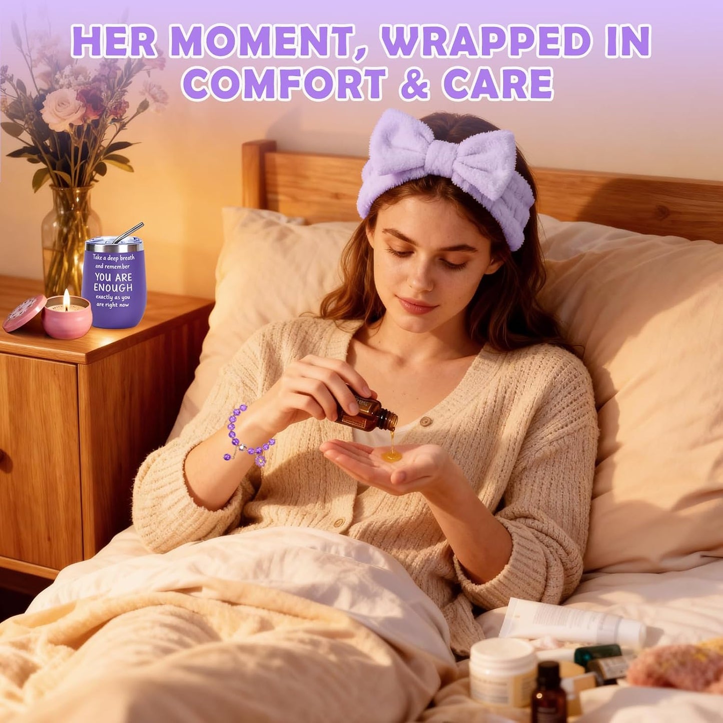 Cozy Self Care Gift Set for Her, with 12oz Insulated Mug, Spa Headband for Washing Face Set, Socks & Candle, Thoughtful Birthday Gift for Women andTeenge Girls