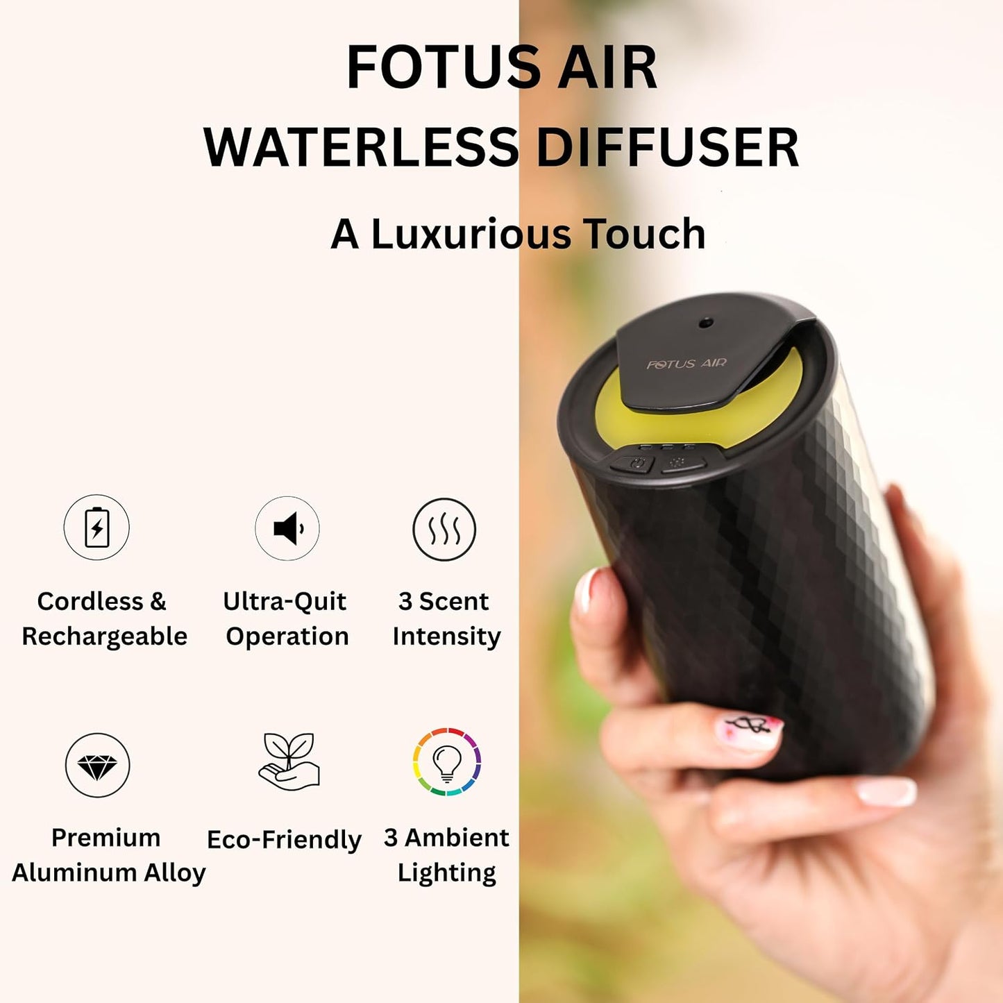 Waterless Essential Oil Diffuser - Cordless Rechargeable Aromatherapy Scent Machine for Home Bedroom Car Office Travel - 3 Mist Levels, 4 Timer Modes, 24-Hour Battery