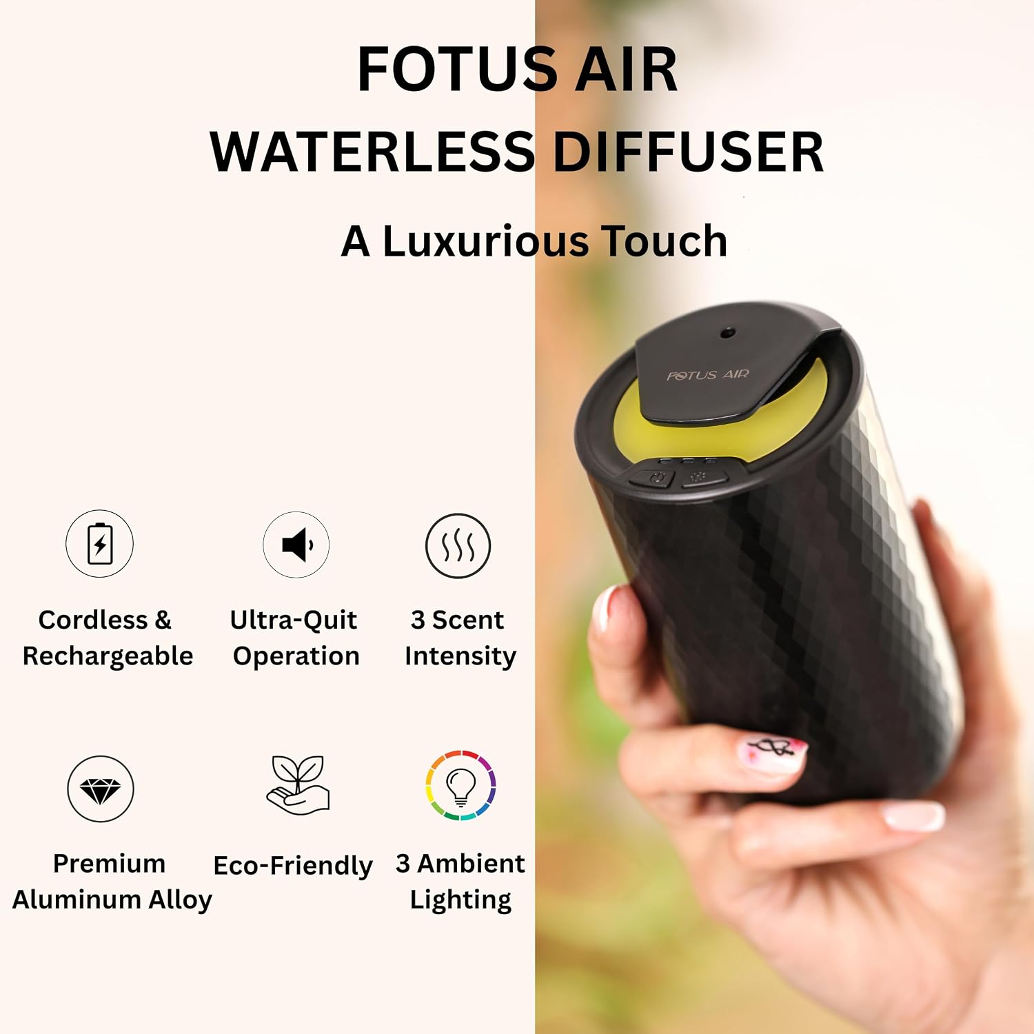 Waterless Essential Oil Diffuser - Cordless Rechargeable Aromatherapy Scent Machine for Home Bedroom Car Office Travel - 3 Mist Levels, 4 Timer Modes, 24-Hour Battery
